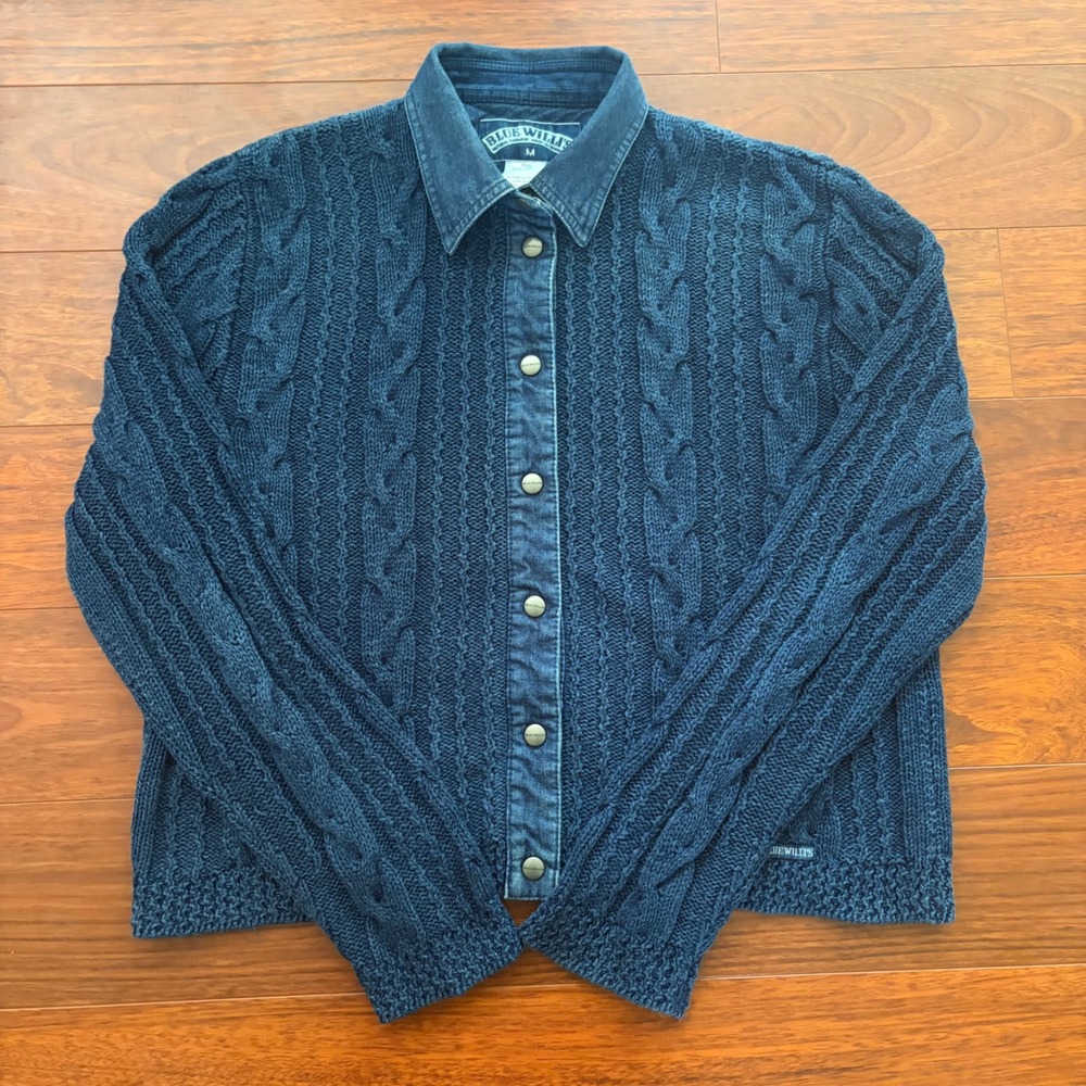 Blue Willis Women M Indigo Cable Knit Denim Trim Snap Cardigan Sweater Denmark